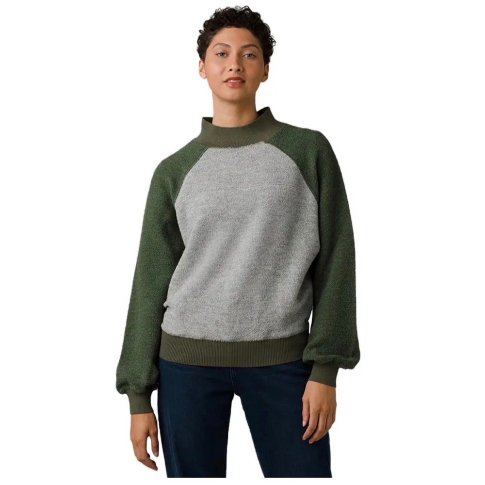 Prana Flint Brook Pullover Mock Neck Colorblock Boucle Sweater Green Grey Medium